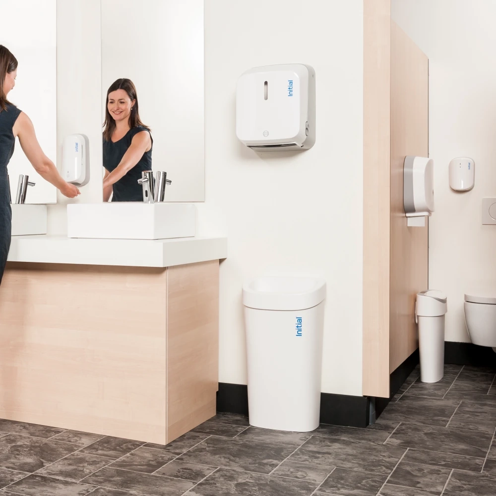 Toilet seat cleaner dispenser white in situ